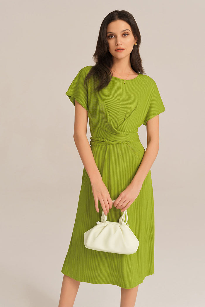 Grace Karin Short Sleeve Round Neck Belted A-Line Dress - Green