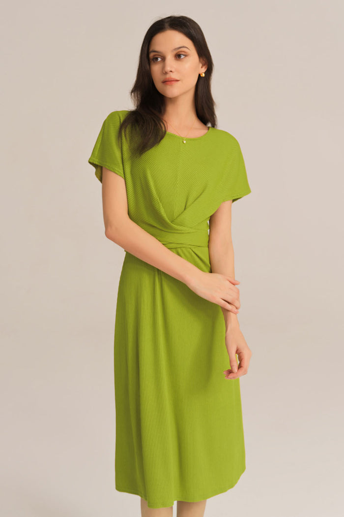 grace karin Short Sleeve Round Neck Belted A-Line Dress - Green