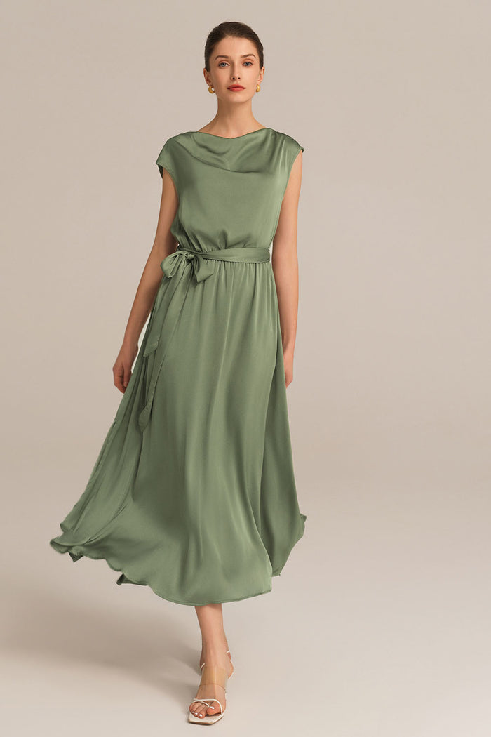 Grace Karin Side Slit Cap Sleeve Cowl Neck Elastic Waist A-Line Dress - Green