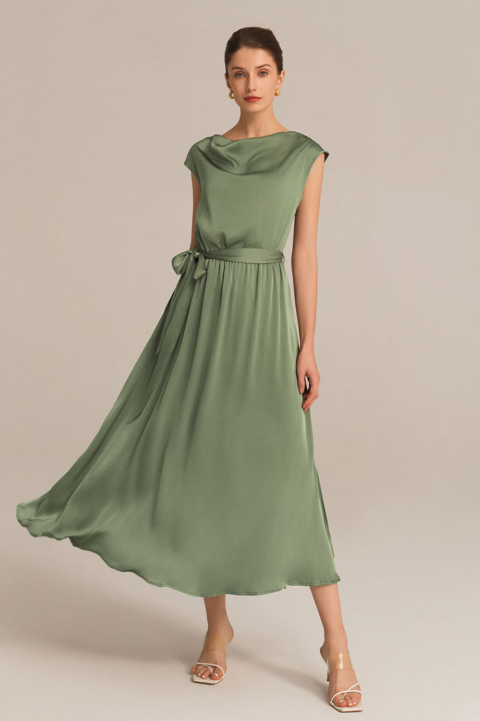 grace karin Side Slit Cap Sleeve Cowl Neck Elastic Waist A-Line Dress - Green