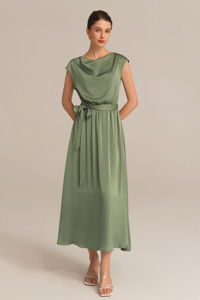Grace Karin Side Slit Cap Sleeve Cowl Neck Elastic Waist A-Line Dress - Green