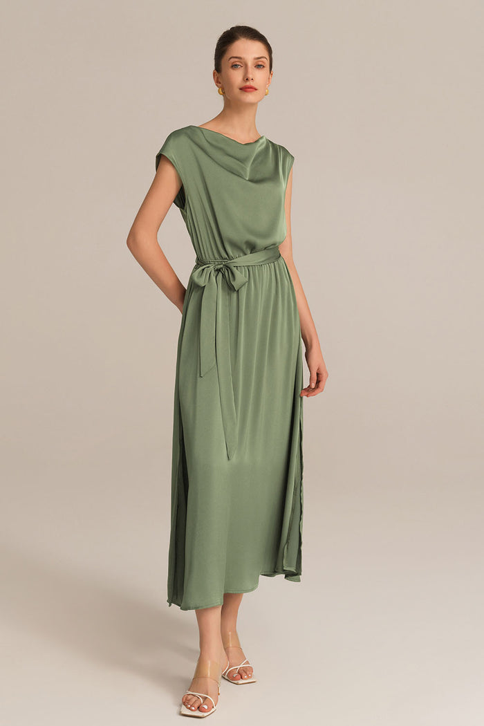 Grace Karin Side Slit Cap Sleeve Cowl Neck Elastic Waist A-Line Dress - Green