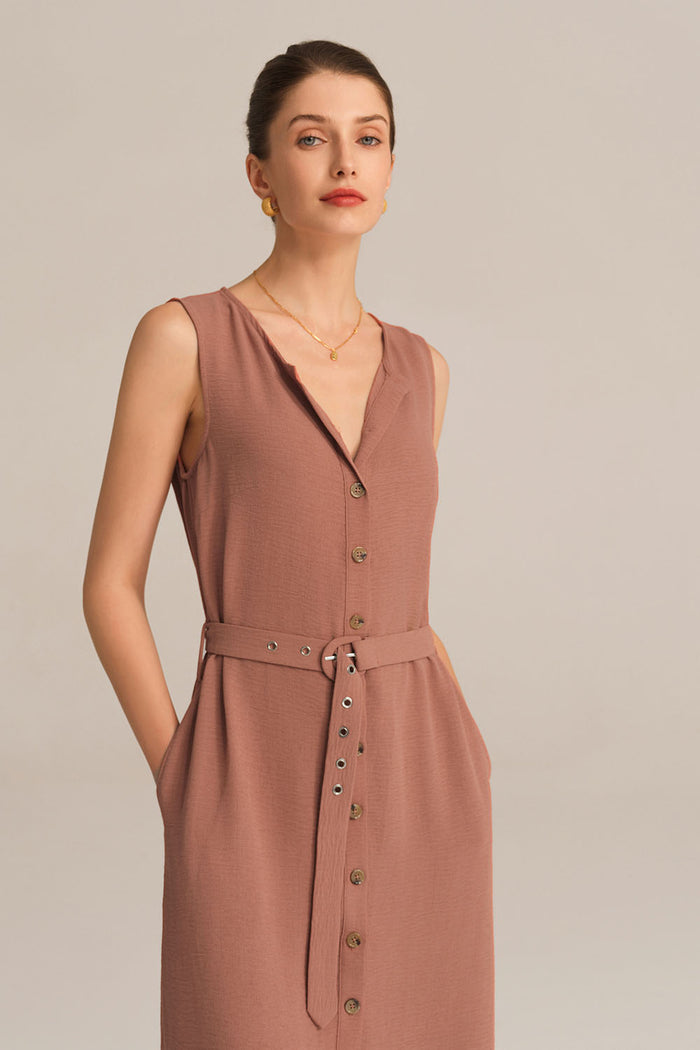 Grace Karin Side Slit OL Sleeveless Crew Neck Button-up A-Line Dress - Brown
