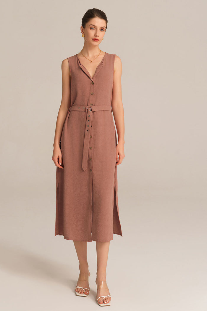 Grace Karin Side Slit OL Sleeveless Crew Neck Button-up A-Line Dress - Brown