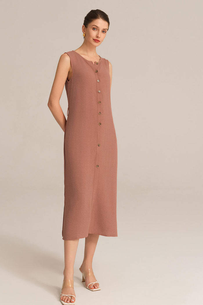 Grace Karin Side Slit OL Sleeveless Crew Neck Button-up A-Line Dress - Brown
