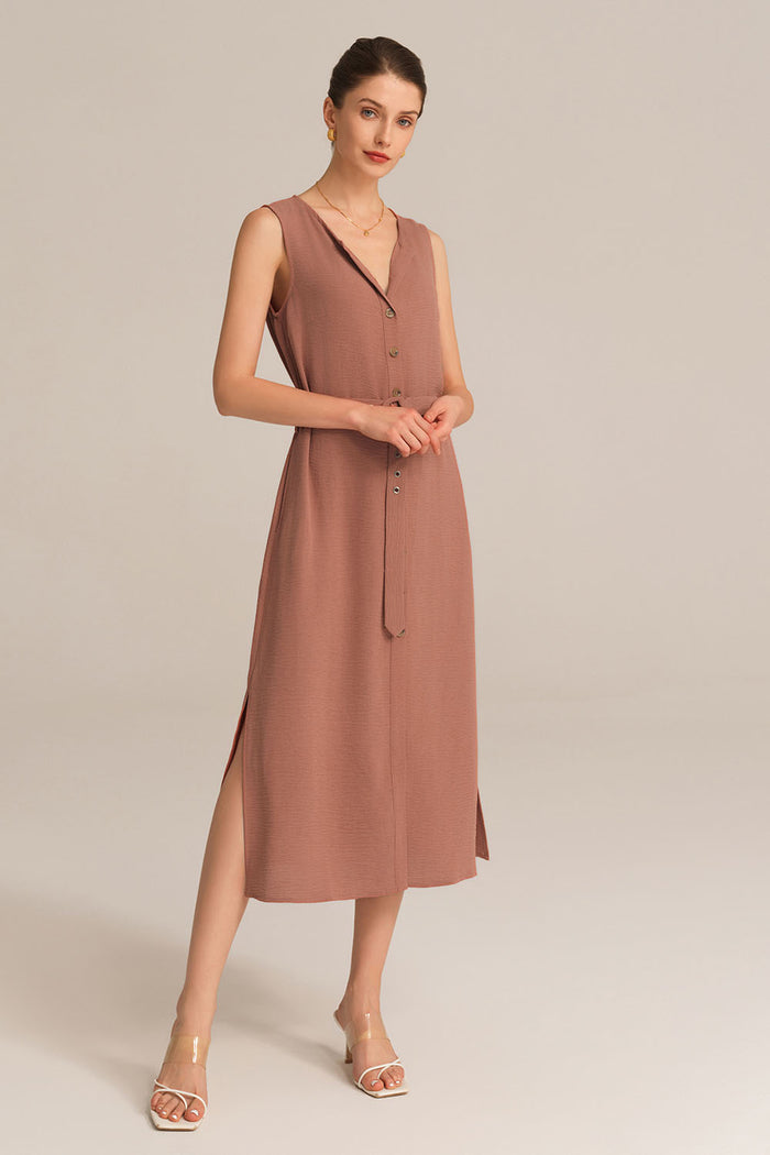 grace karin Side Slit OL Sleeveless Crew Neck Button-up A-Line Dress - Brown