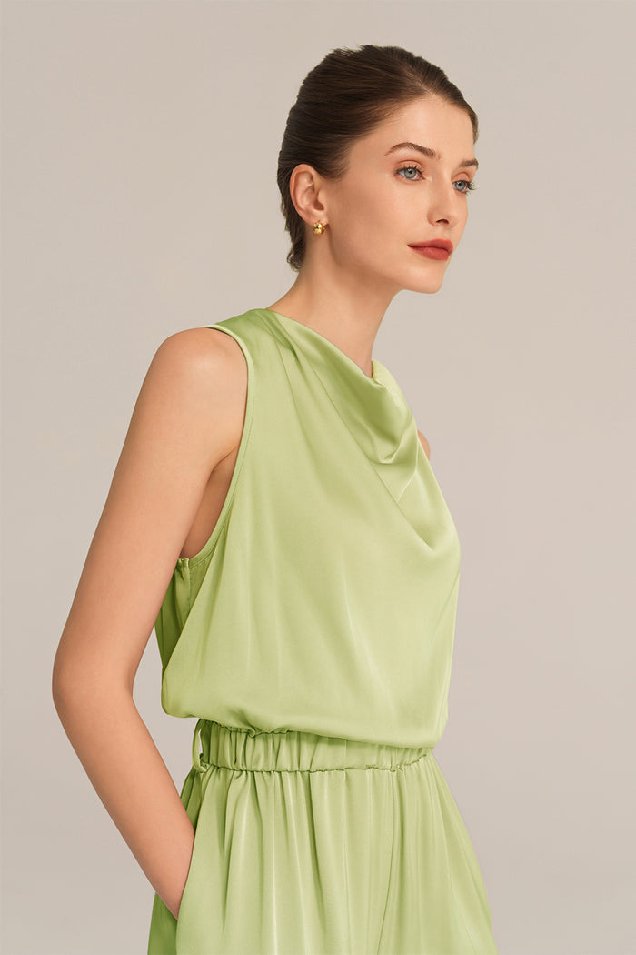 Grace Karin Sleeveless Cowl Neck Elastic Waist Palazzo Rompers - Green