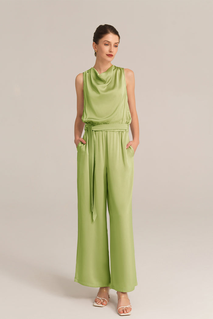 Grace Karin Sleeveless Cowl Neck Elastic Waist Palazzo Rompers - Green