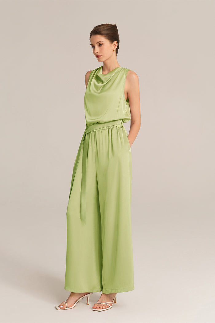 Grace Karin Sleeveless Cowl Neck Elastic Waist Palazzo Rompers - Green