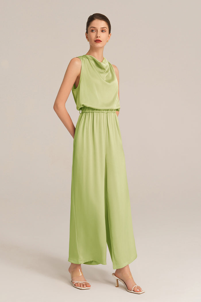grace karin Sleeveless Cowl Neck Elastic Waist Palazzo Rompers - Green
