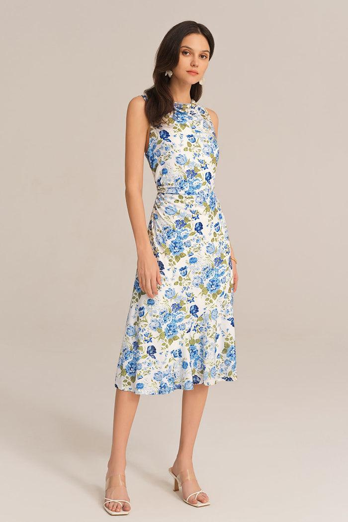 Grace Karin Sleeveless Cowl Neck Hollowed-out Back Dress - Blue