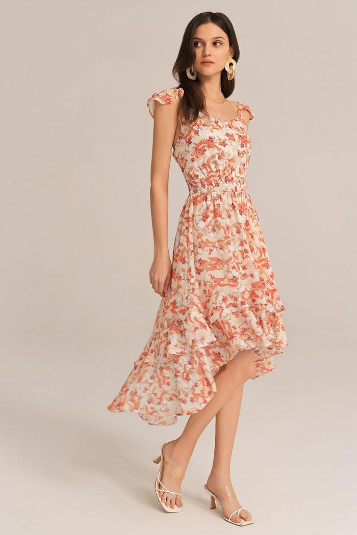 Grace Karin Spaghetti Strap Elastic Waist Chiffon Floral Dress - Orange