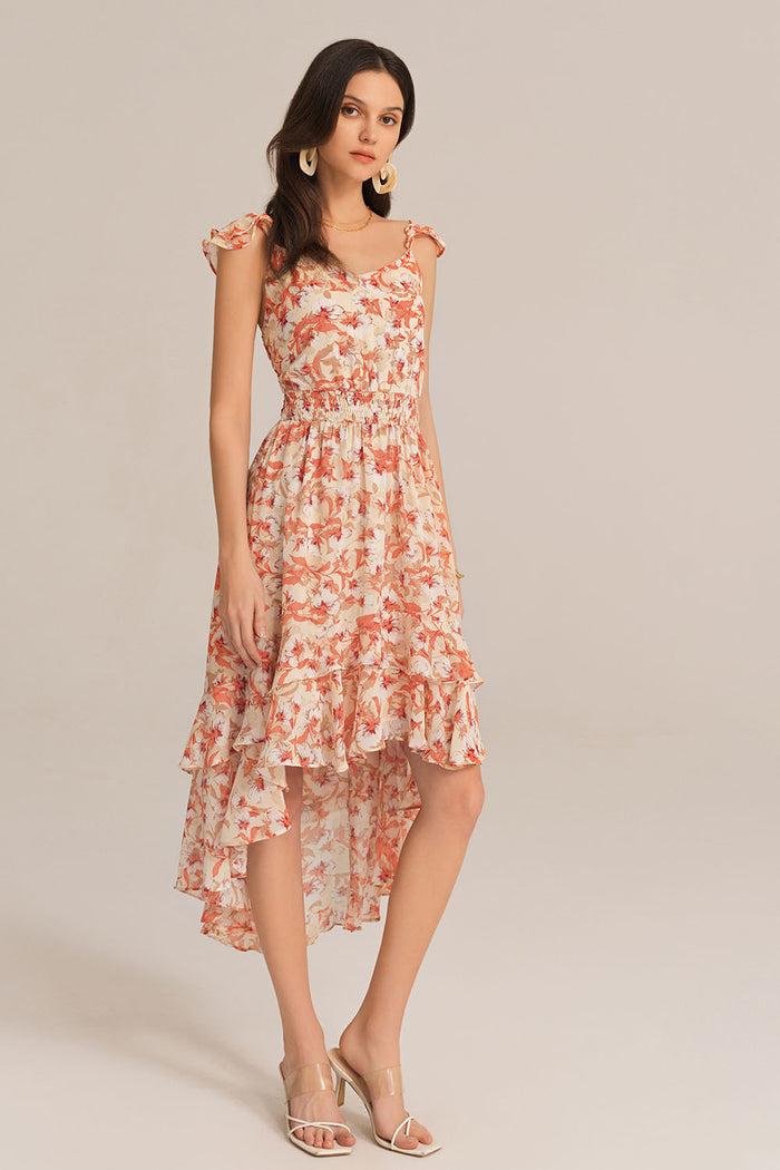 Grace Karin Spaghetti Strap Elastic Waist Chiffon Floral Dress - Orange