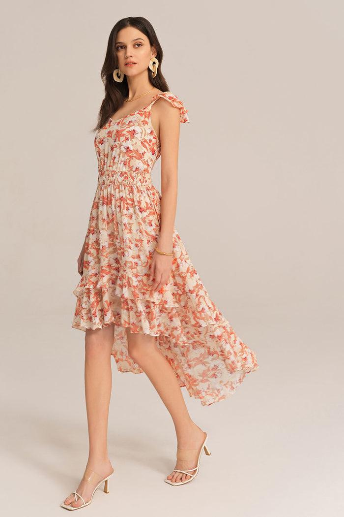 grace karin Spaghetti Strap Elastic Waist Chiffon Floral Dress - Orange