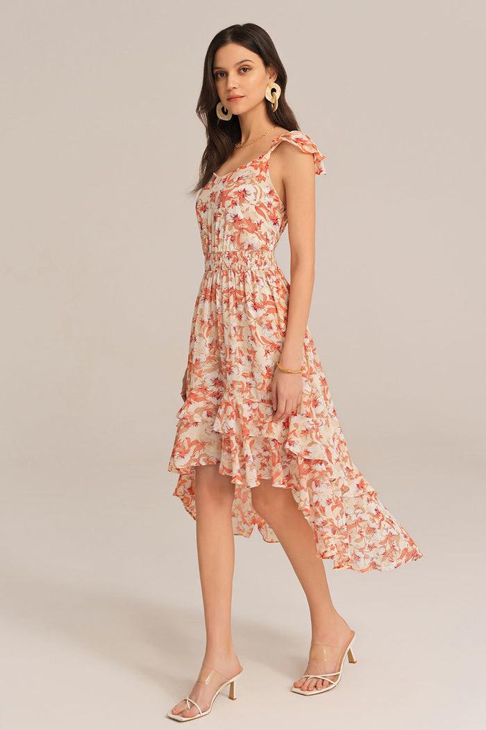 Grace Karin Spaghetti Strap Elastic Waist Chiffon Floral Dress - Orange