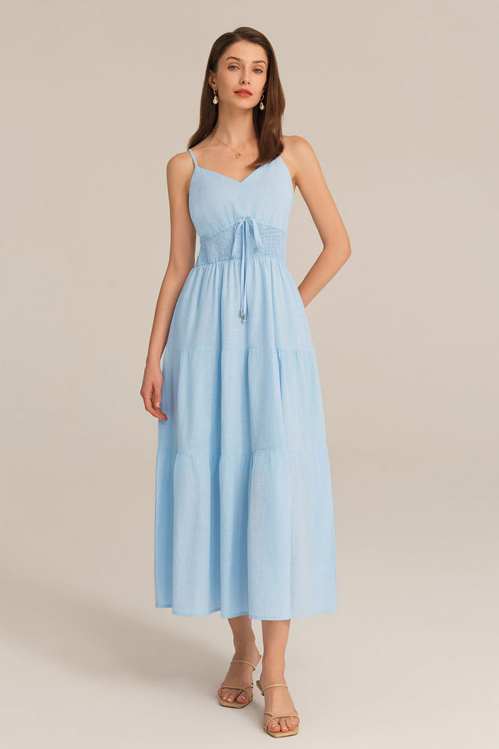 Grace Karin Spaghetti Straps V-Neck Cotton Elastic Waist A-Line Maxi Dress - Blue