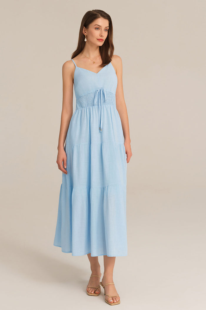 grace karin Spaghetti Straps V-Neck Cotton Elastic Waist A-Line Maxi Dress - Blue