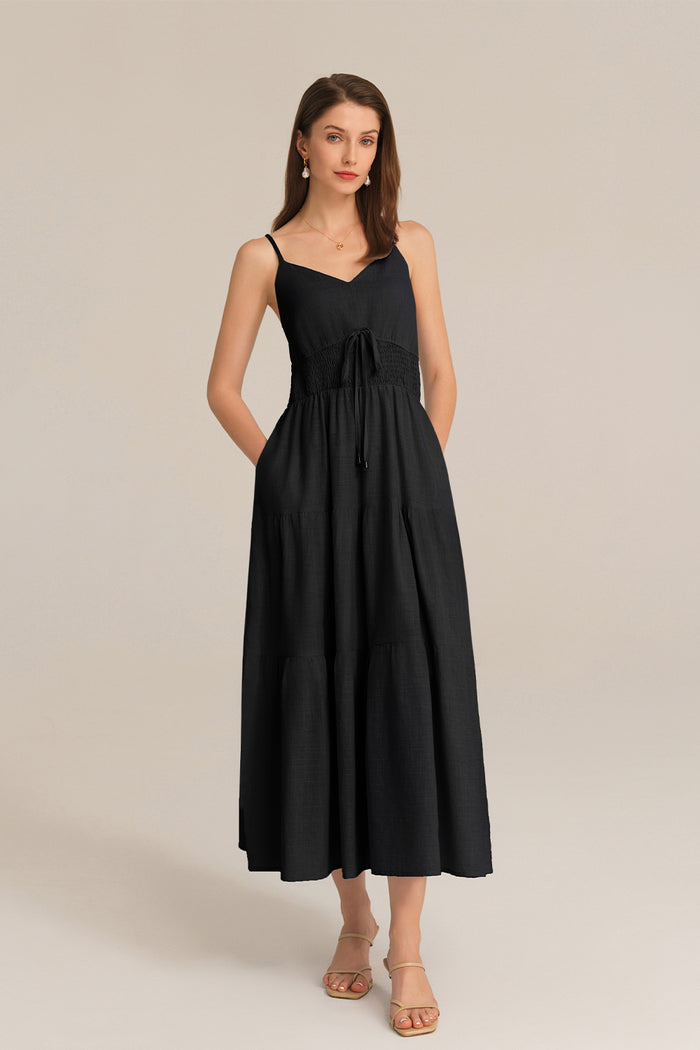Grace Karin Spaghetti Straps V-Neck Cotton Elastic Waist A-Line Maxi Dress - Black