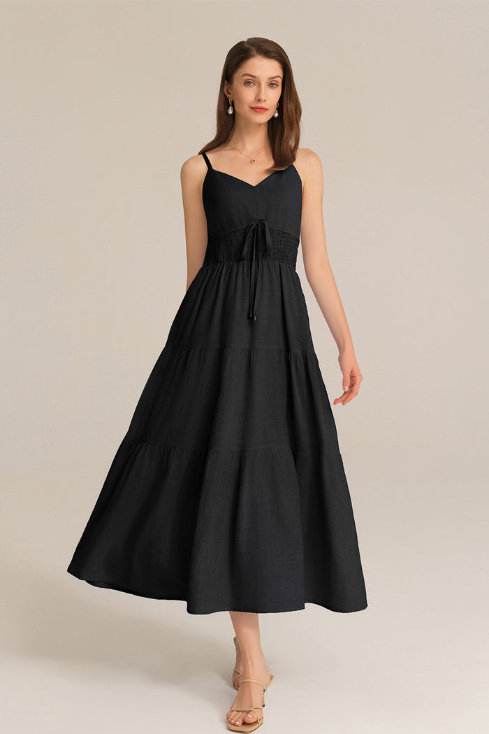 grace karin Spaghetti Straps V-Neck Cotton Elastic Waist A-Line Maxi Dress - Black