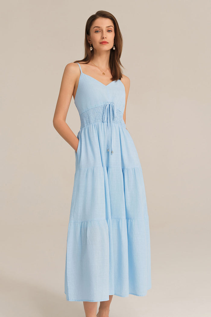 Grace Karin Spaghetti Straps V-Neck Cotton Elastic Waist A-Line Maxi Dress - Blue