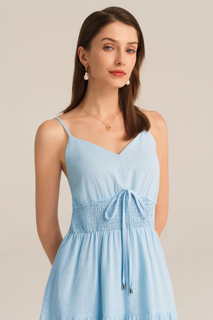 Grace Karin Spaghetti Straps V-Neck Cotton Elastic Waist A-Line Maxi Dress - Blue