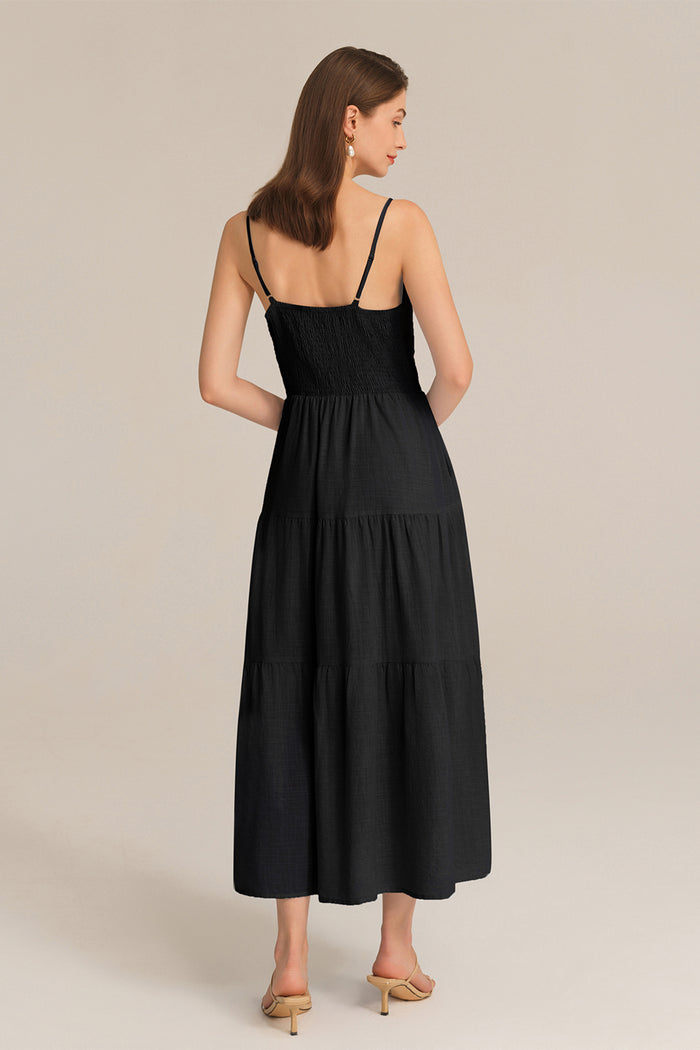 Grace Karin Spaghetti Straps V-Neck Cotton Elastic Waist A-Line Maxi Dress - Black