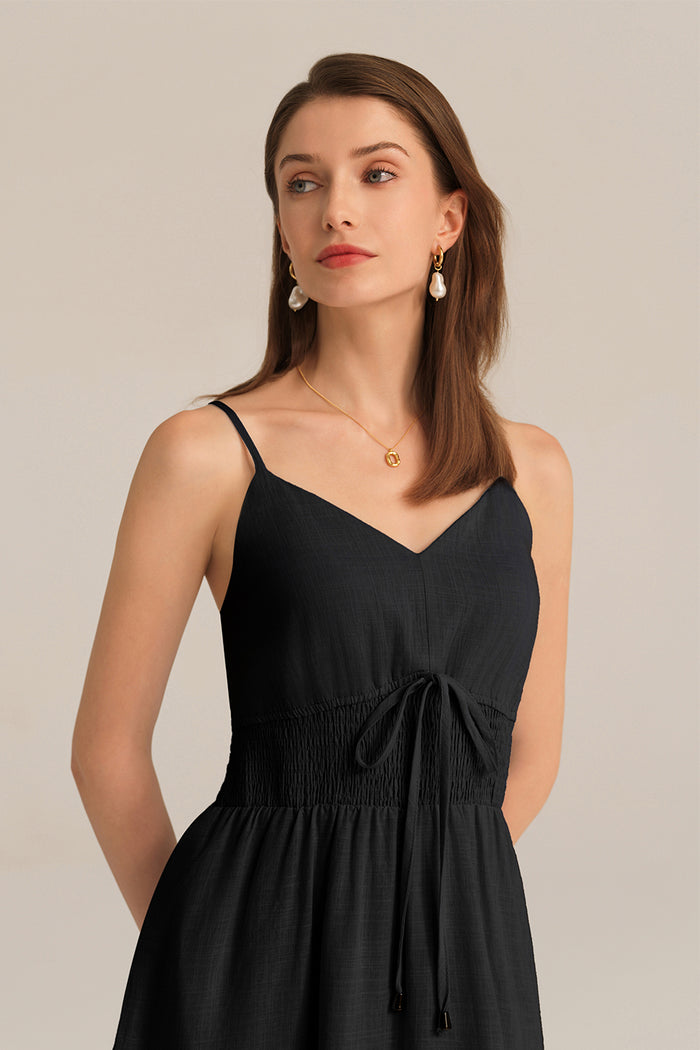 Grace Karin Spaghetti Straps V-Neck Cotton Elastic Waist A-Line Maxi Dress - Black