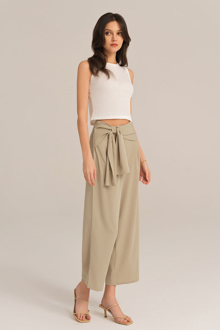 Grace Karin Straight-Legged OL Elastic Waist Ankle Length Pants - Beige