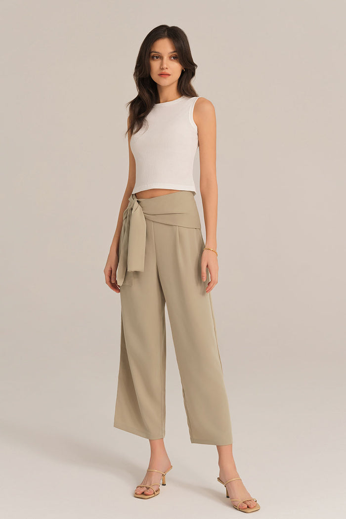Grace Karin Straight-Legged OL Elastic Waist Ankle Length Pants - Beige