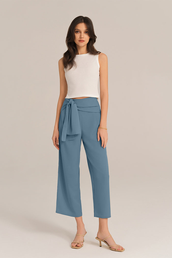 Grace Karin Straight-Legged OL Elastic Waist Ankle Length Pants - Blue