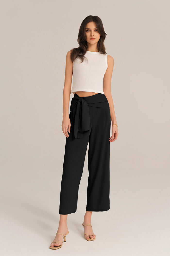 Grace Karin Straight-Legged OL Elastic Waist Ankle Length Pants - Black