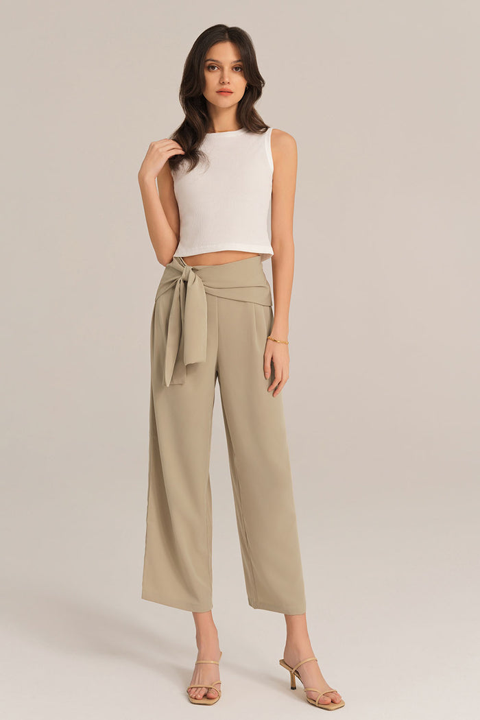 grace karin Straight-Legged OL Elastic Waist Ankle Length Pants - Beige