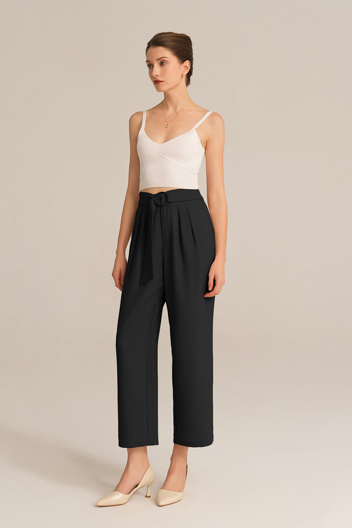 grace karin Straight-Legged OL Stretchy Waist Cropped Pants - Black
