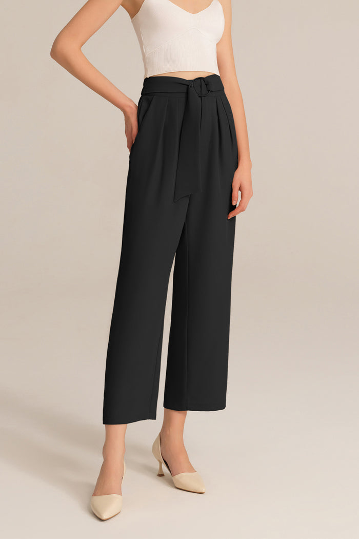 Grace Karin Straight-Legged OL Stretchy Waist Cropped Pants - Black