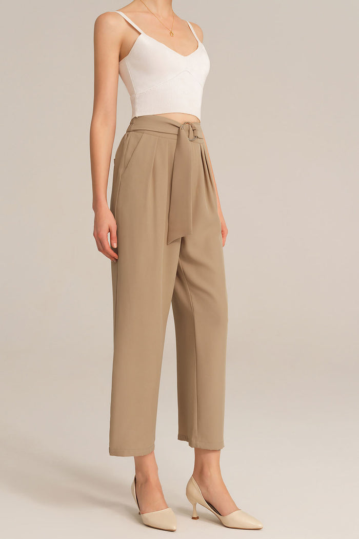 Grace Karin Straight-Legged OL Stretchy Waist Cropped Pants - Brown