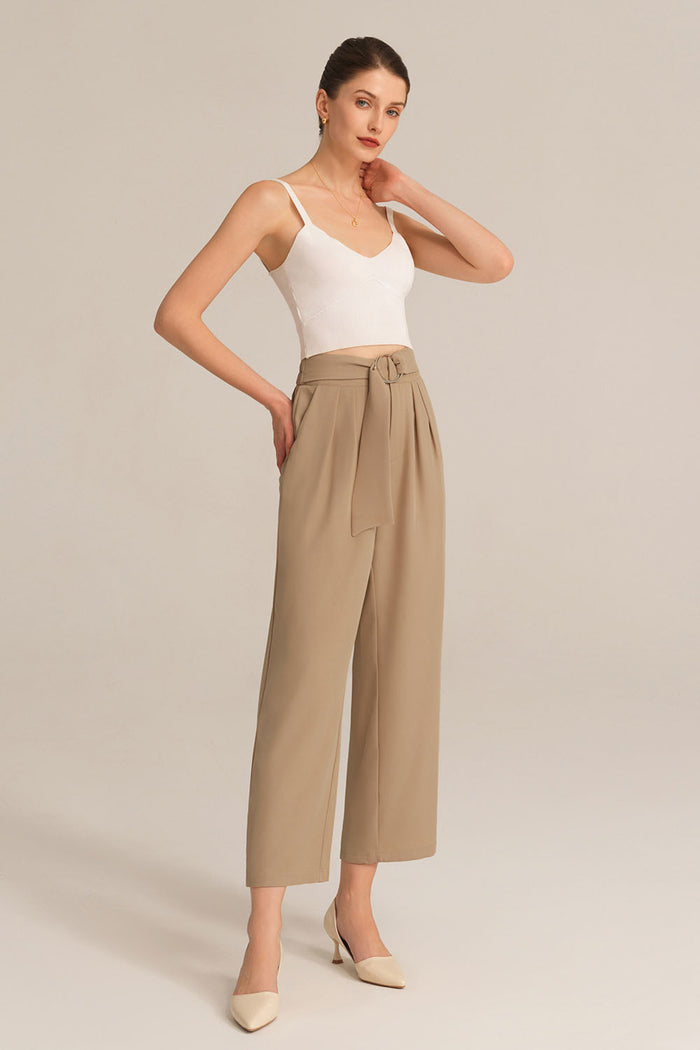 grace karin Straight-Legged OL Stretchy Waist Cropped Pants - Brown