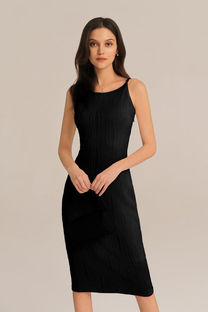 Grace Karin Textured Spaghetti Straps Crew Neck Bodycon Party Dress - Black