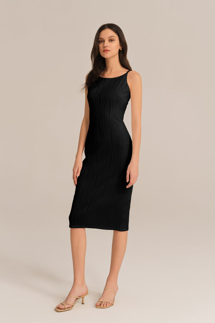 Grace Karin Textured Spaghetti Straps Crew Neck Bodycon Party Dress - Black