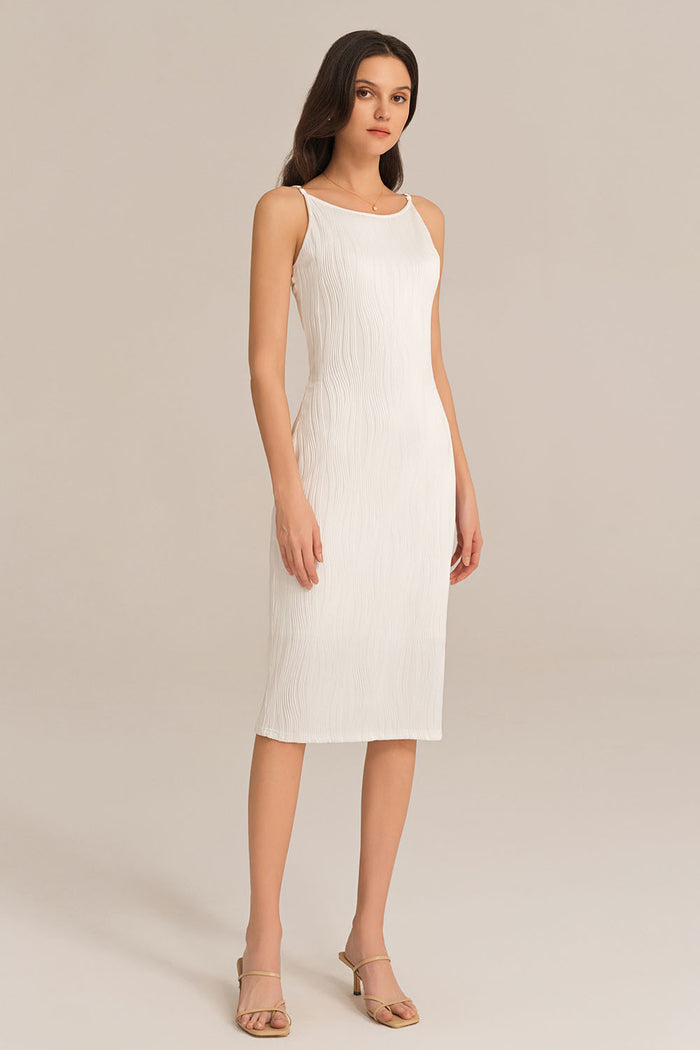 grace karin Textured Spaghetti Straps Crew Neck Bodycon Party Dress - White
