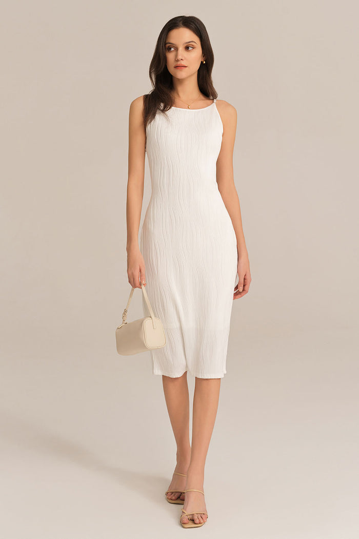 Grace Karin Textured Spaghetti Straps Crew Neck Bodycon Party Dress - White