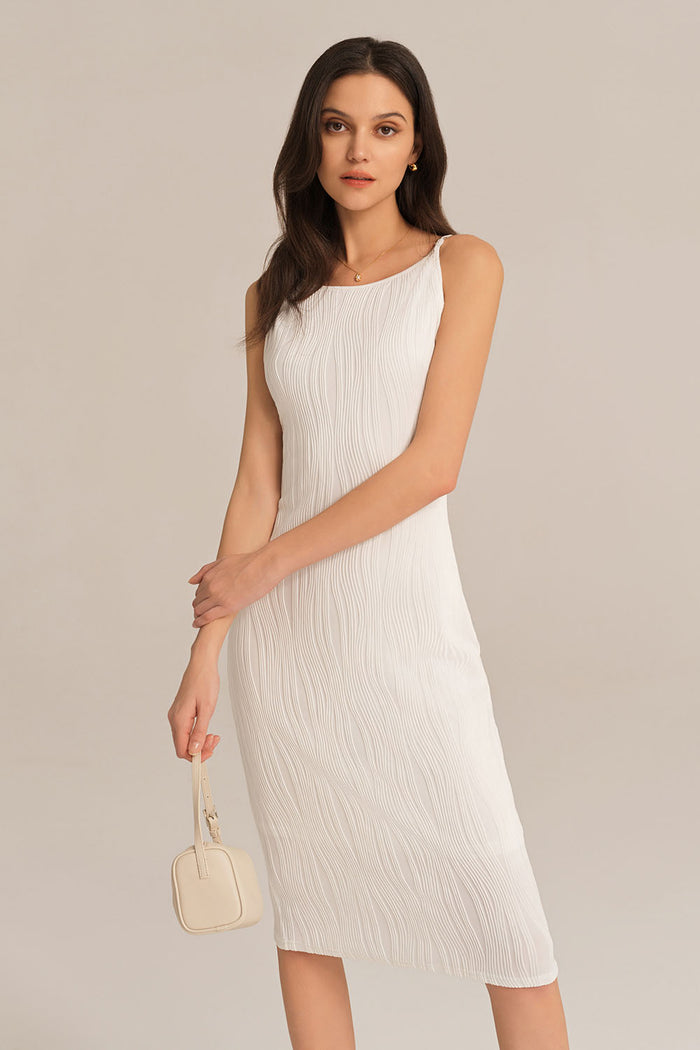 Grace Karin Textured Spaghetti Straps Crew Neck Bodycon Party Dress - White