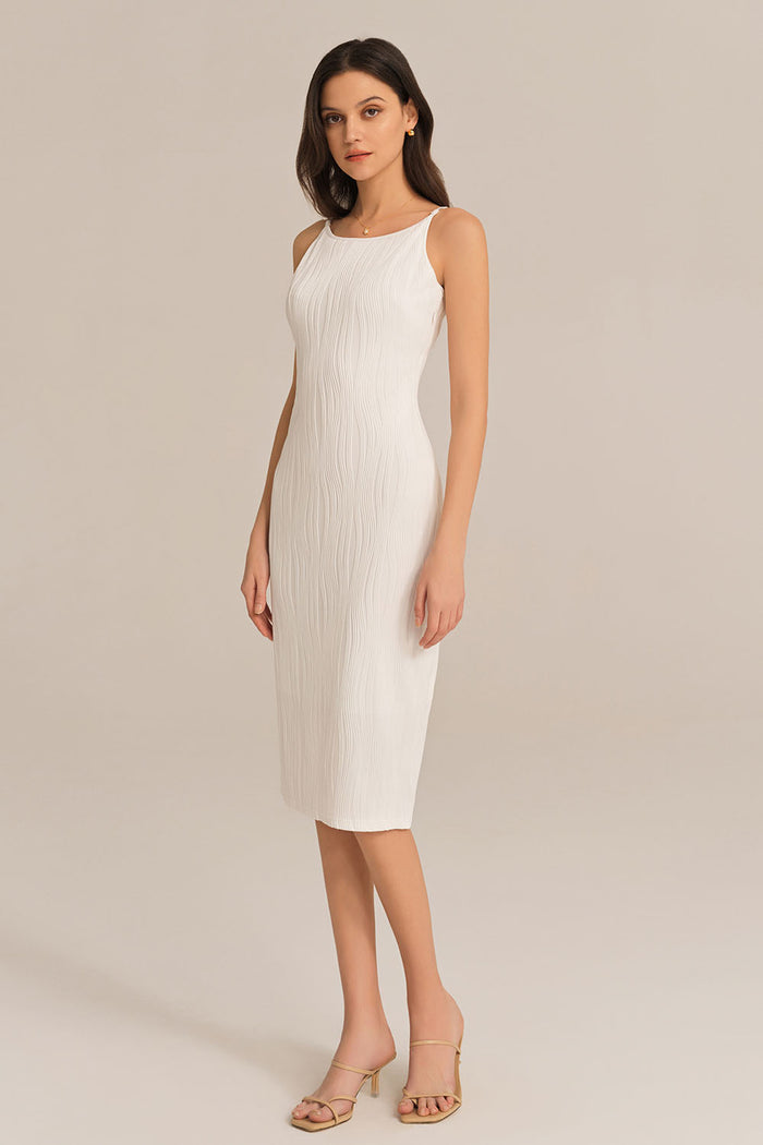 Grace Karin Textured Spaghetti Straps Crew Neck Bodycon Party Dress - White