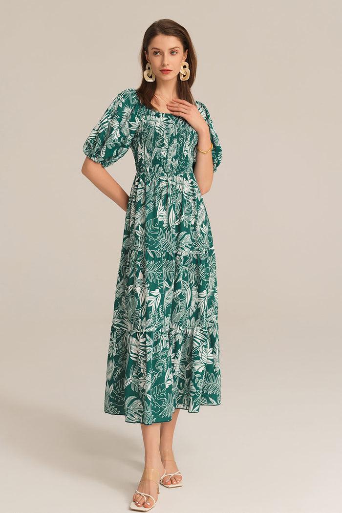 Grace Karin Tiered Short Sleeve U-Neck Smocked Bodice Maxi Dress - Dark Green