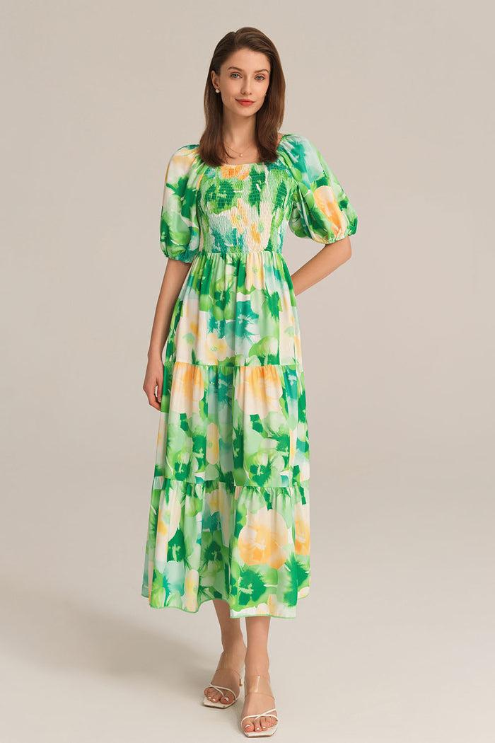 Grace Karin Tiered Short Sleeve U-Neck Smocked Bodice Maxi Dress - Green
