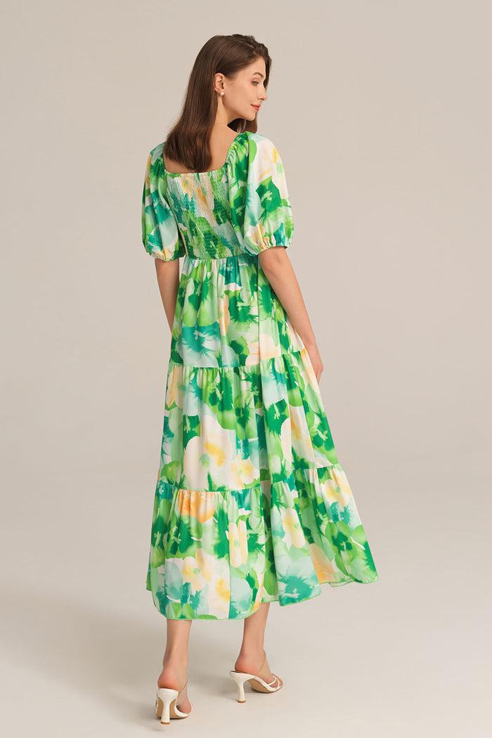 Grace Karin Tiered Short Sleeve U-Neck Smocked Bodice Maxi Dress - Green