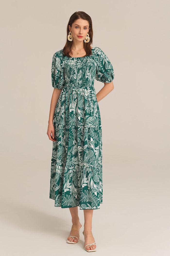 Grace Karin Tiered Short Sleeve U-Neck Smocked Bodice Maxi Dress - Dark Green