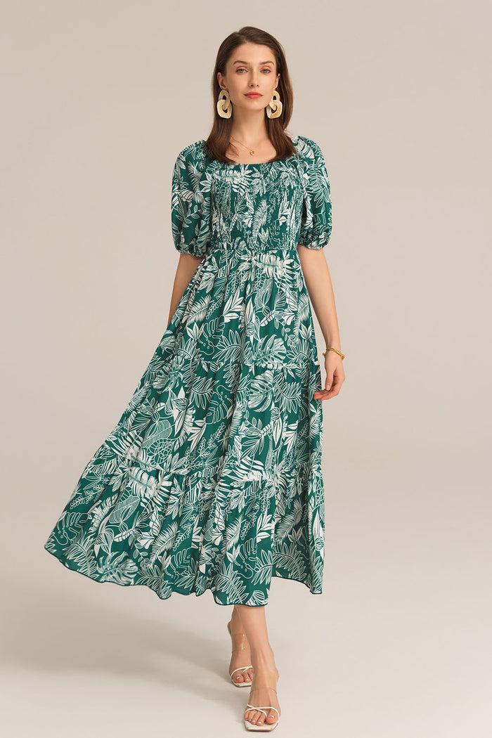 grace karin Tiered Short Sleeve U-Neck Smocked Bodice Maxi Dress - Dark Green