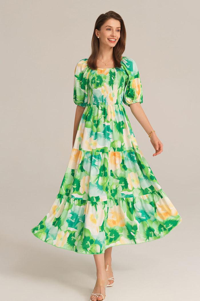 grace karin Tiered Short Sleeve U-Neck Smocked Bodice Maxi Dress - Green