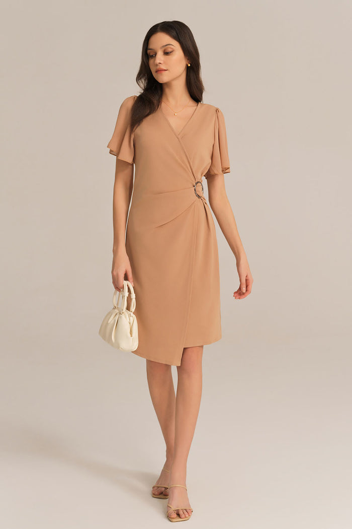 Grace Karin V-Neck OL Short Sleeve Ruched Chiffon Waist-Cinching Dress - Brown