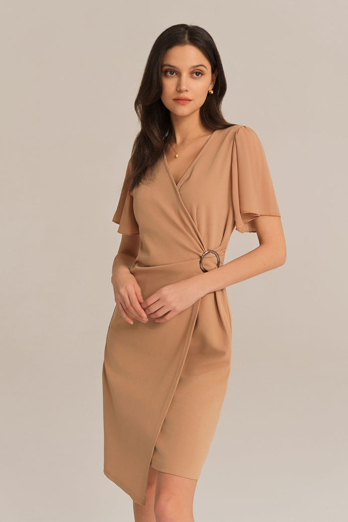 grace karin V-Neck OL Short Sleeve Ruched Chiffon Waist-Cinching Dress - Brown